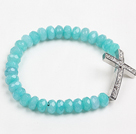 Wholesale Summer Beach Jewelry Blue Jade Beaded Elastic/ Stretch Bracelet With Cross Charm