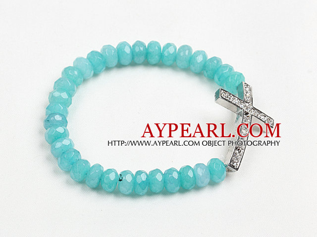 Summer Beach Jewelry Blue Jade Beaded Elastic/ Stretch Bracelet With Cross Charm