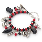 Assorted Red Coral and Multi Shape Black Agate Charm Bracelets with Extendable Chain