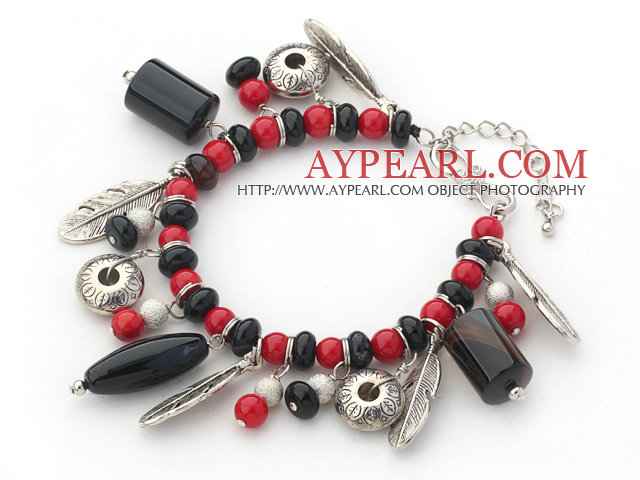 Assorted Red Coral and Multi Shape Black Agate Charm Bracelets with Extendable Chain
