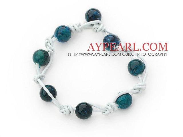 Round Shape Phoenix Stone Leather Bracelet with White Leather