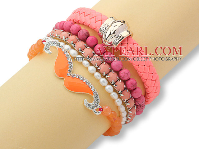 5 Pieces White and Hot Pink Series Assorted Fashion Pearl Acrylic and Turquoise Bracelets