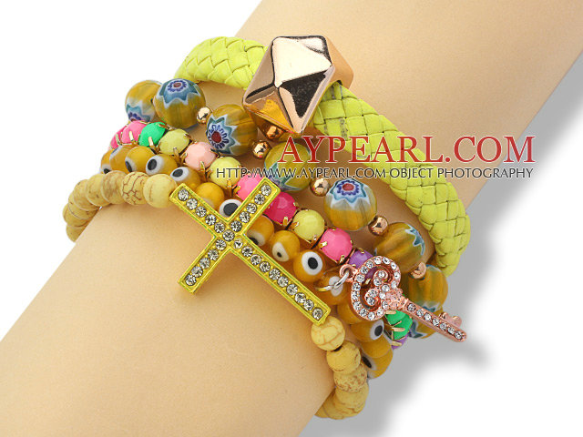 5 Pieces Yellow Series Assorted Fashion Turquoise and Acrylic and Colored Glaze and Leather Bracelets