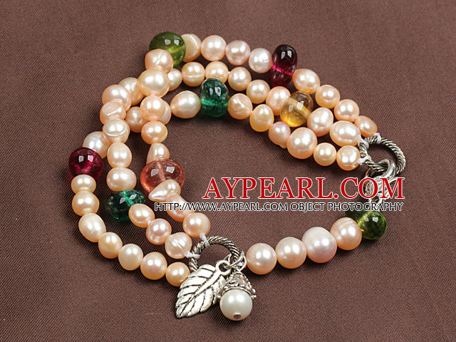 Mote Tre Strand Natural Pink Pearl og Multi Color Crystal perler armbånd