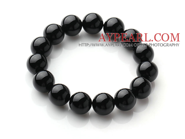 Conception classique Single Strand Une année 12mm rond noir agate perles élastique braceelt 