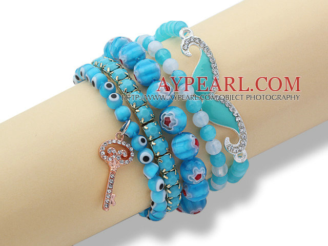 5 Pieces Lake Blue Series Assorted Turquoise and Acrylic and Colored Glaze Bracelets