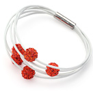 Orange Red Color Round 10mm Rhinestone Ball and White Leather Bracelet with Magnetic Clasp