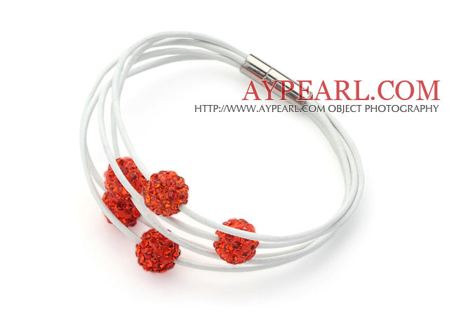 Orange Red Color Round 10mm Rhinestone Ball and White Leather Bracelet with Magnetic Clasp