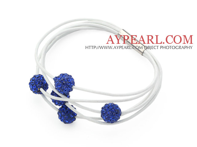 Sapphire Blue Round 10mm Rhinestone Ball and White Leather Bracelet with Magnetic Clasp