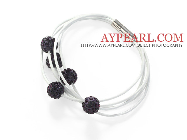 Dark Purple Round 10mm Rhinestone Ball and White Leather Bracelet with Magnetic Clasp