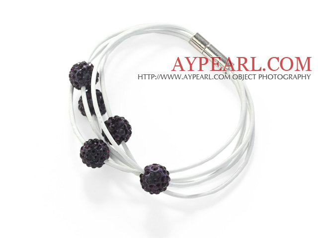 Dark Purple Round 10mm Rhinestone Ball og hvitt skinn armbånd med magnetisk lås