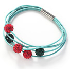 Red and Green Color Round 10mm Rhinestone Ball and Blue Leather Bracelet with Magnetic Clasp