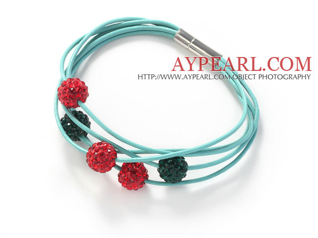 Rot und Grün Farbe Rund 10mm Strass Kugel und blaue Leder-Armband mit Magnetverschluss