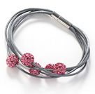 Pink Color Round 10mm Rhinestone Ball and Gray Leather Bracelet with Magnetic Clasp
