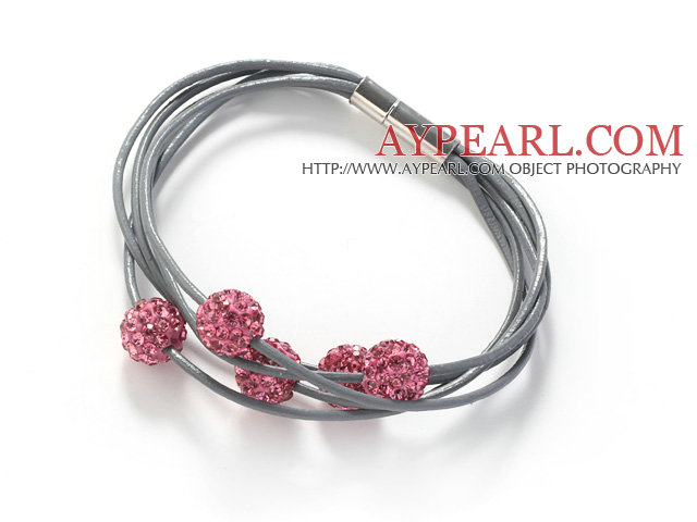 Pink Color Round 10mm Rhinestone Ball and Gray Leather Bracelet with Magnetic Clasp