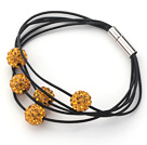 Dark Yellow Color Round 10mm Rhinestone Ball and Black Leather Bracelet with Magnetic Clasp