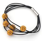 Jaune foncé Couleur ronde 10mm boule de Rhinestone et le bracelet en cuir noir avec fermoir magnétique