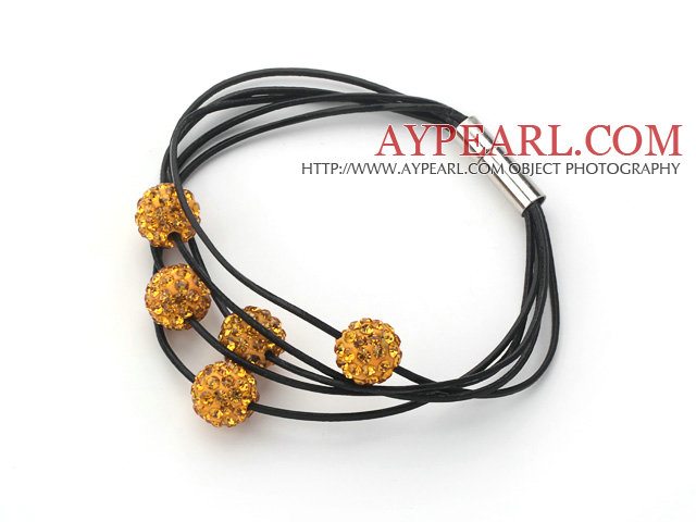 Dark Yellow Color Round 10mm Rhinestone Ball and Black Leather Bracelet with Magnetic Clasp