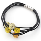 Assorted Yellow Color Round 10mm Rhinestone Ball and Black Leather Bracelet with Magnetic Clasp