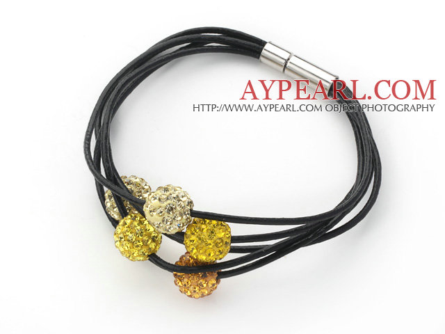 Assorted Yellow Color Round 10mm Rhinestone Ball and Black Leather Bracelet with Magnetic Clasp