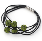 Olive Green Round 10mm Rhinestone Ball and Black Leather Bracelet with Magnetic Clasp