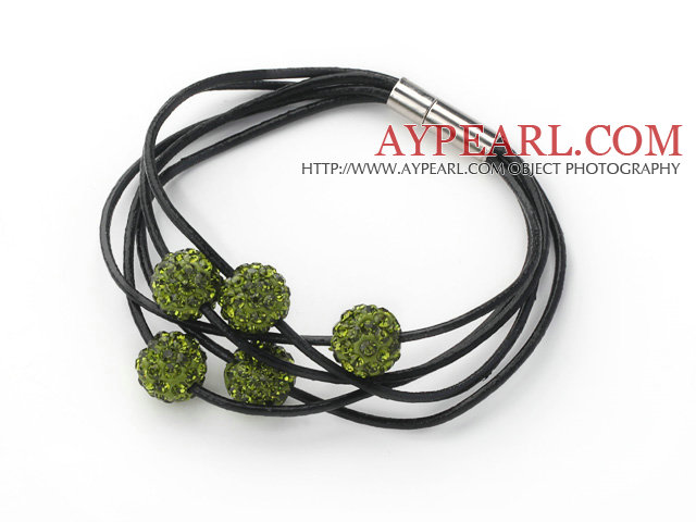 Olive Green Round 10mm Rhinestone Ball and Black Leather Bracelet with Magnetic Clasp