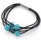 Lake Blue Round 10mm Rhinestone Ball and Black Leather Bracelet with Magnetic Clasp