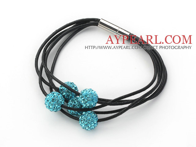 Lake Blue Round 10mm Rhinestone Ball and Black Leather Bracelet with Magnetic Clasp