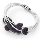 Dark Purple Heart Shape Strass und weißem Leder-Armband mit Magnetverschluss