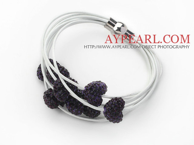 Dark Purple Heart Shape Rhinestone and White Leather Bracelet with Magnetic Clasp