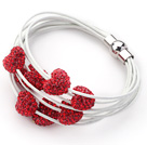 Red Color Heart Shape Rhinestone and White Leather Bracelet with Magnetic Clasp