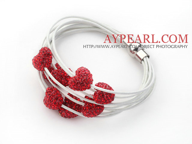 Red Color Heart Shape Rhinestone and White Leather Bracelet with Magnetic Clasp