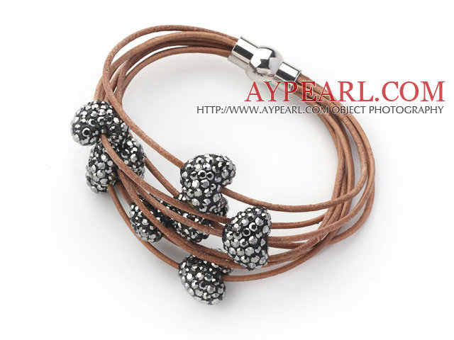 Silver Gray Color Heart Shape Rhinestone and Brown Leather Bracelet with Magnetic Clasp