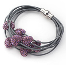 Purple Color Heart Shape Rhinestone and Gray Leather Bracelet with Magnetic Clasp