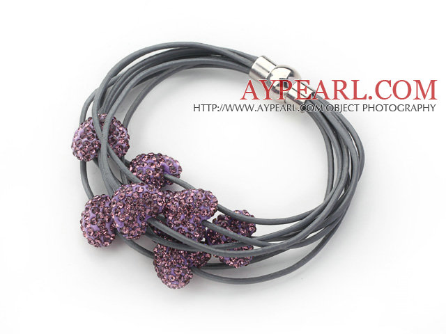 Purple Color Heart Shape Rhinestone and Gray Leather Bracelet with Magnetic Clasp