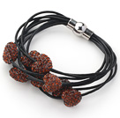 Reddish Brown Color Heart Shape Rhinestone and Black Leather Bracelet with Magnetic Clasp