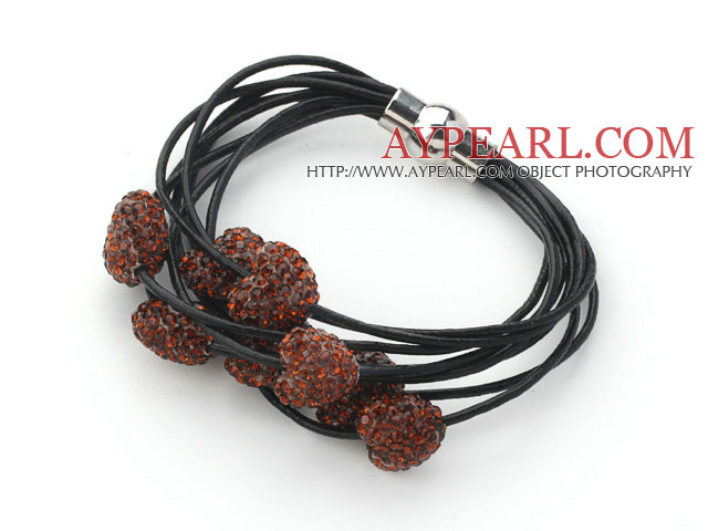 Reddish Brown Color Heart Shape Rhinestone and Black Leather Bracelet with Magnetic Clasp