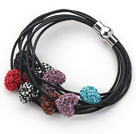 Multi Color Heart Shape Rhinestone and Black Leather Bracelet with Magnetic Clasp