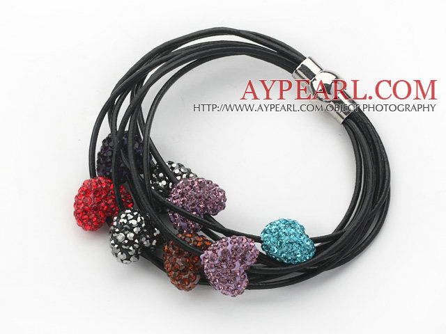 Multi Color Heart Shape Rhinestone and Black Leather Bracelet with Magnetic Clasp