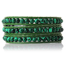 Wholesale Newly Trendy Design Three Strands Round Malachite Beads Leather Bracelet