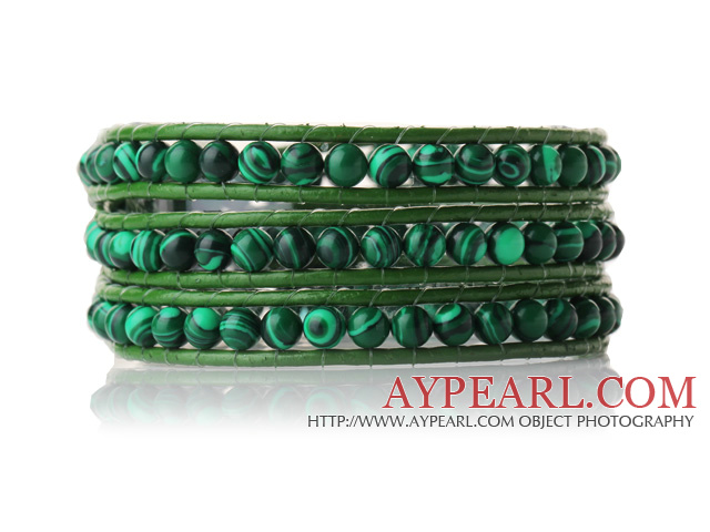 Newly Trendy Design Three Strands Round Malachite Beads Leather Bracelet