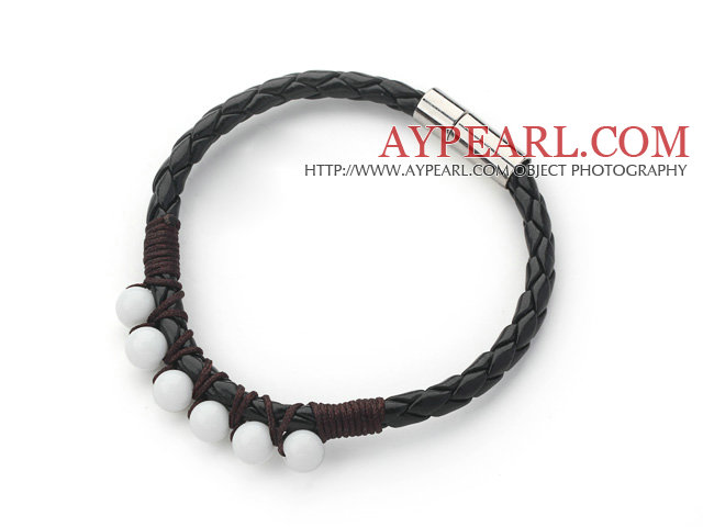 6mm White Porcelain Stone and Black Leather Bracelet with Magnetic Clasp