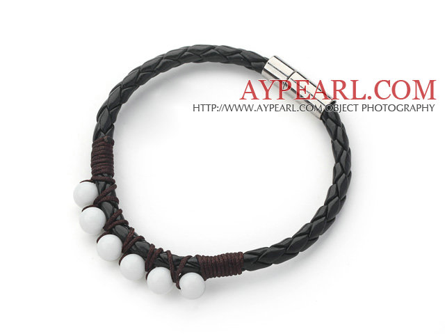6mm Pierre Porcelaine blanche et bracelet en cuir noir avec fermoir magnétique