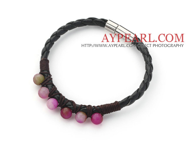 6mm Watermelon Chalcedon und schwarzes Lederarmband mit Magnetverschluss