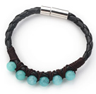 6mm Round Blue Jade and Black Leather Bracelet with Magnetic Clasp