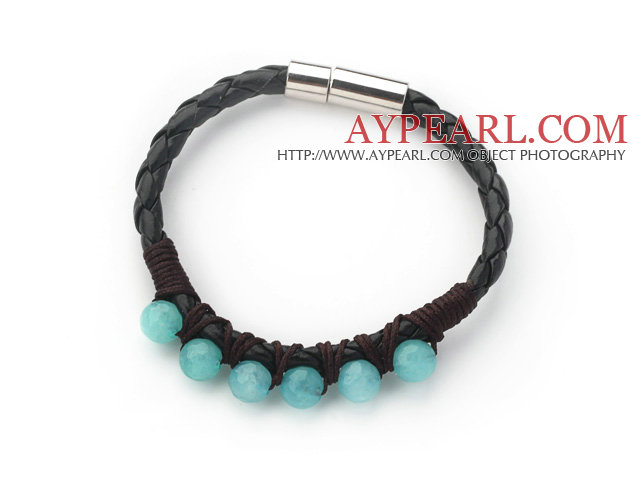 6mm Round Blue Jade and Black Leather Bracelet with Magnetic Clasp