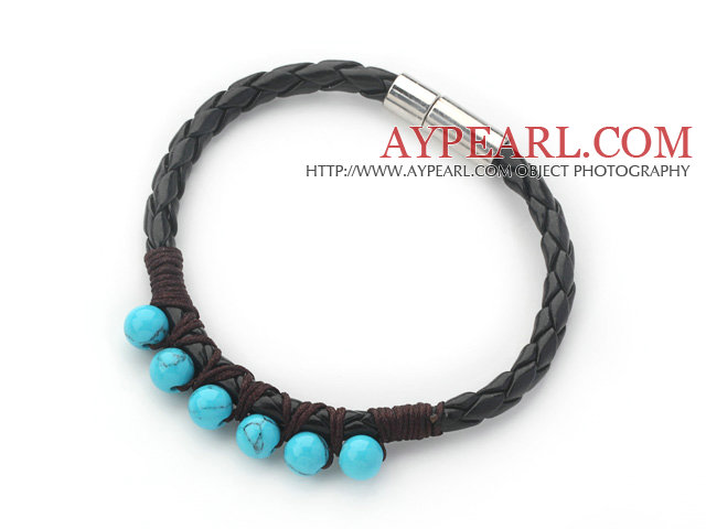 6mm Round Blue Turquoise and Black Leather Bracelet with Magnetic Clasp