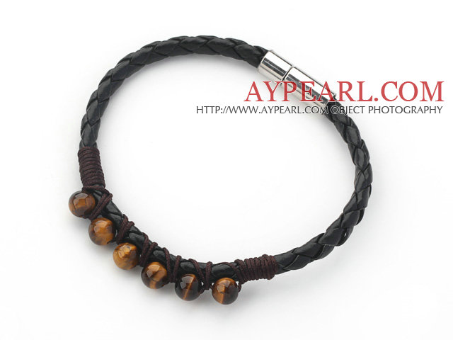 6mm Round Tiger Eye and Black Leather Bracelet with Magnetic Clasp