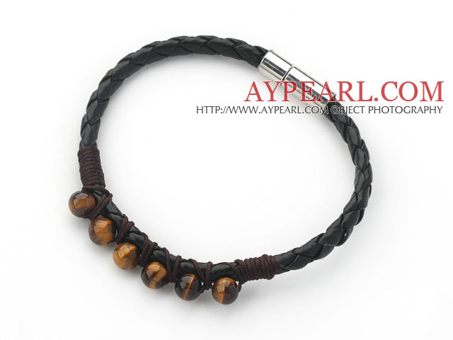 Tiger Eye 6mm ronde et bracelet en cuir noir avec fermoir magnétique