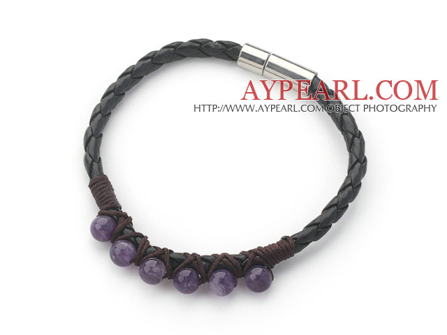 6mm Round Amethyst and Black Leather Bracelet with Magnetic Clasp